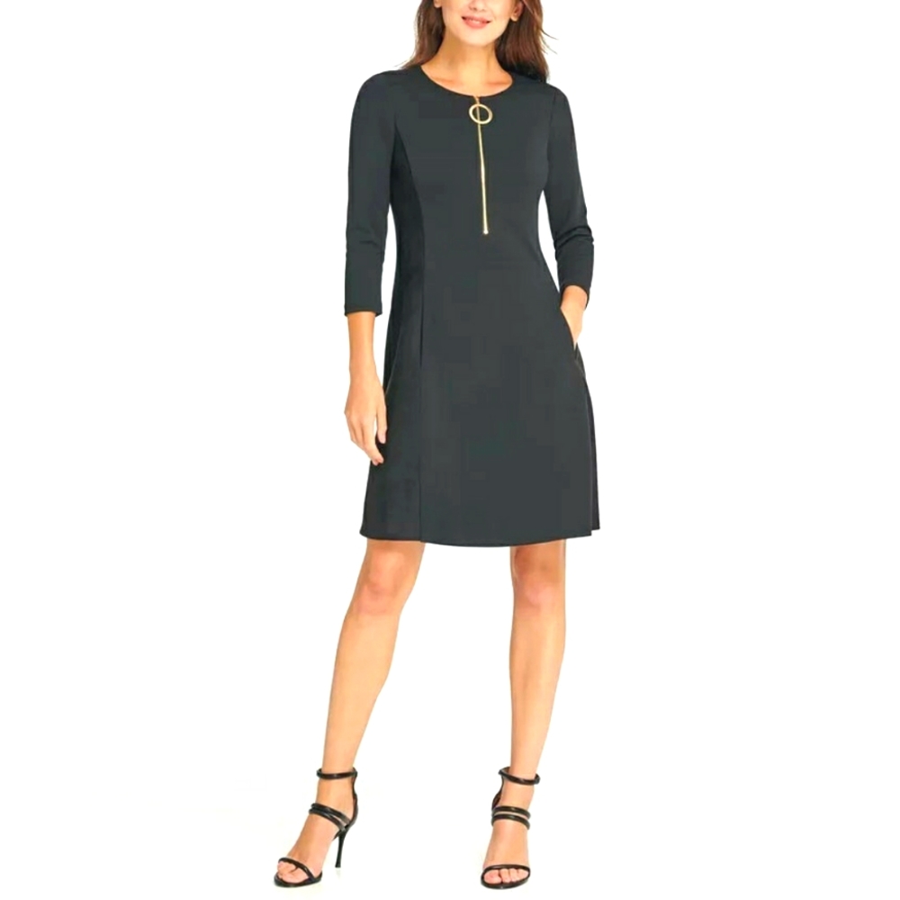 DKNY Women's Zippered Long Sleeve Jewel Neck Knee Length Sheath